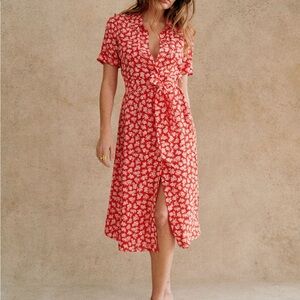 Sezane 100% Silk Floral Red Dress- Adele Dress